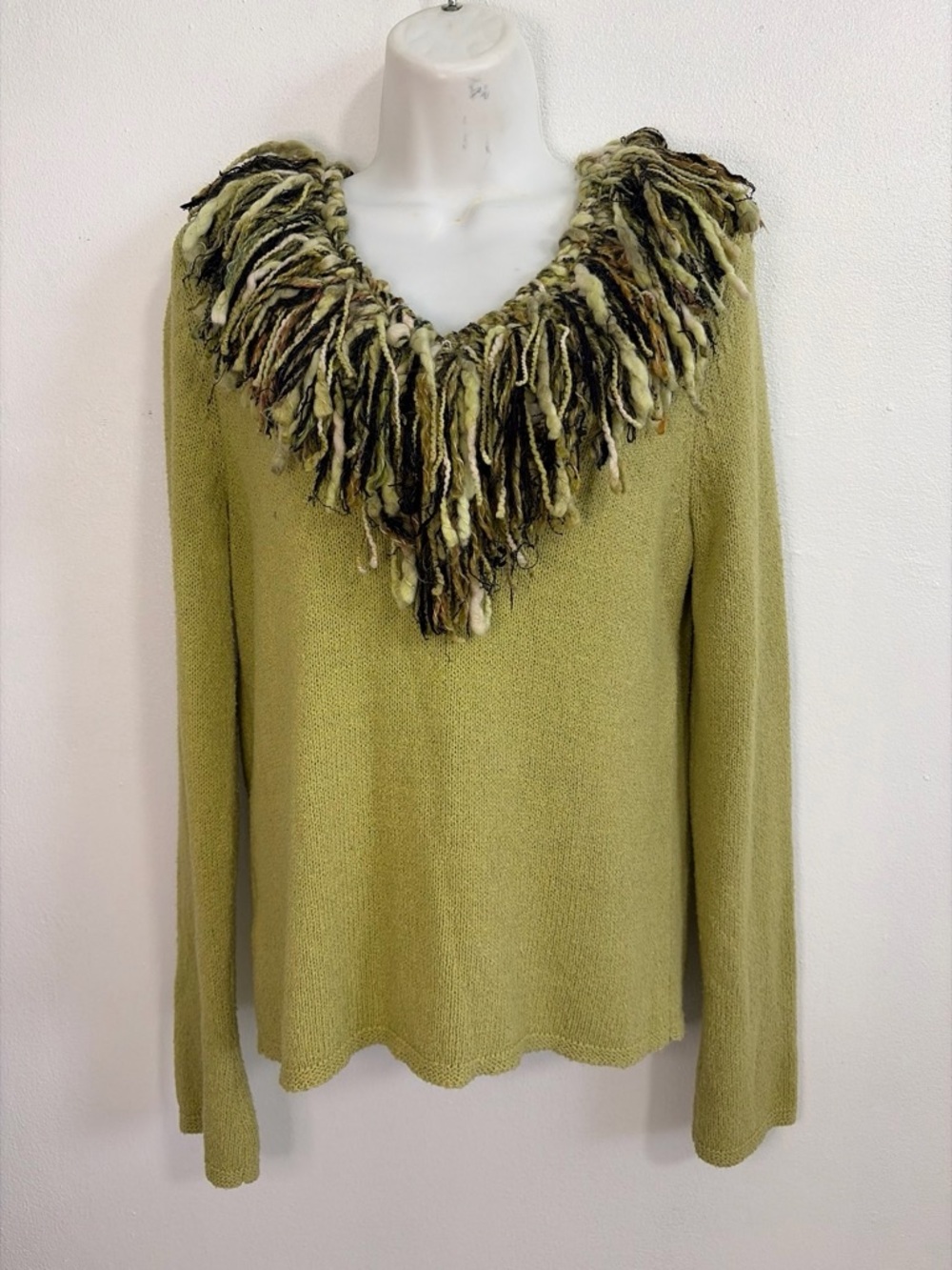 Susan Bristol Vintage Fringe Collar Sweater Olive Green Silk Blend Size M
